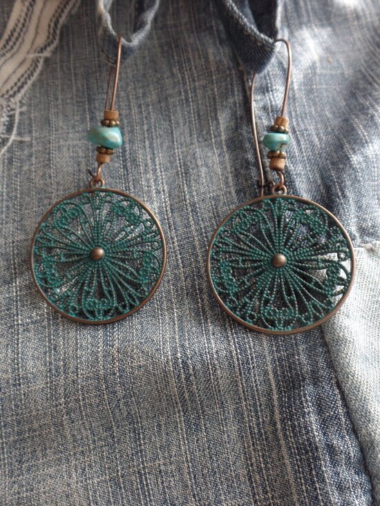 Jewelry - Copper Beaded Turquoise Color Filagree Earrings NWOT